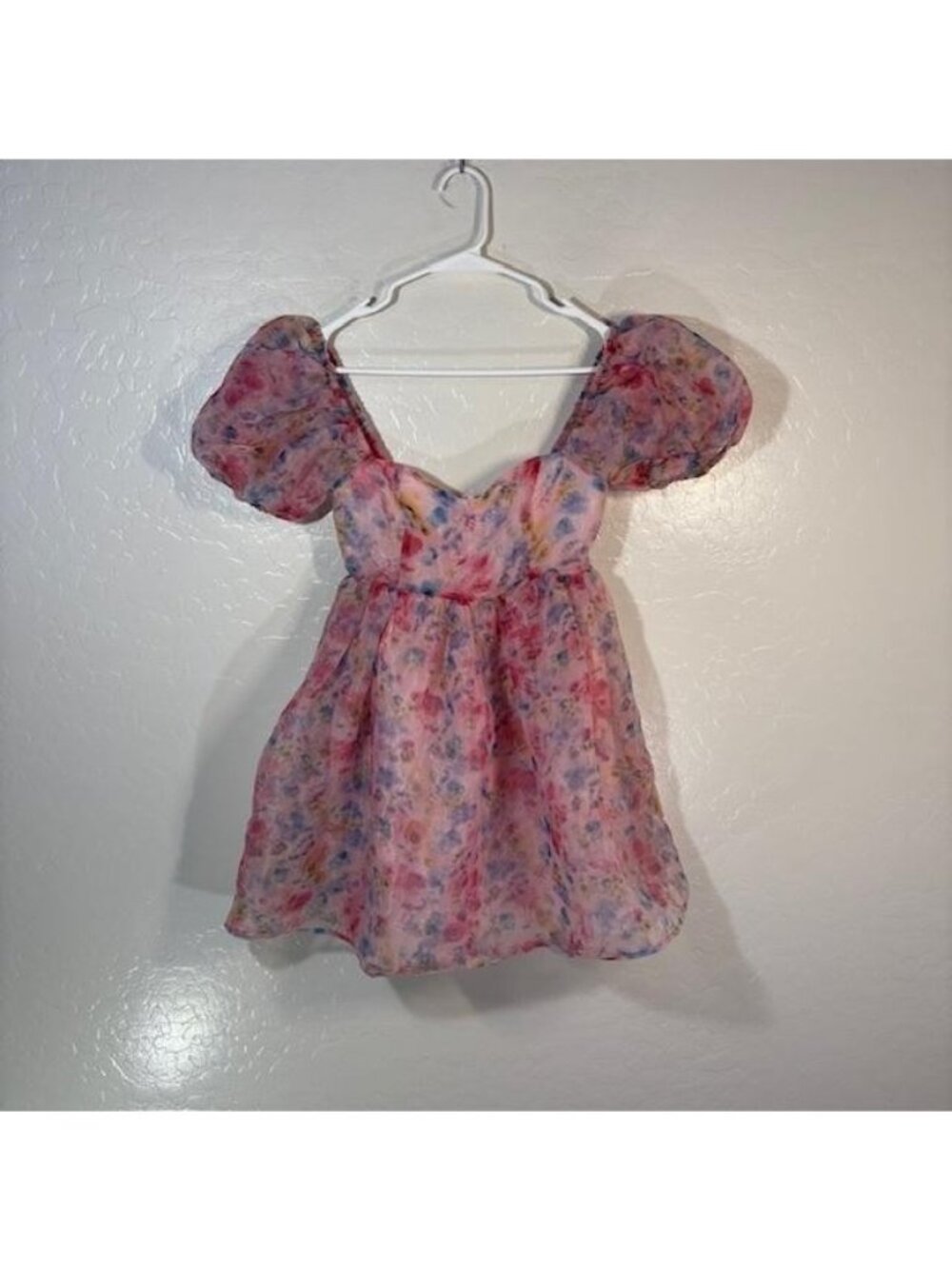 Sugar Thrillz Dress Womens XS Pink Floral Chiffon Fit Flare Puff Sleeve Mini